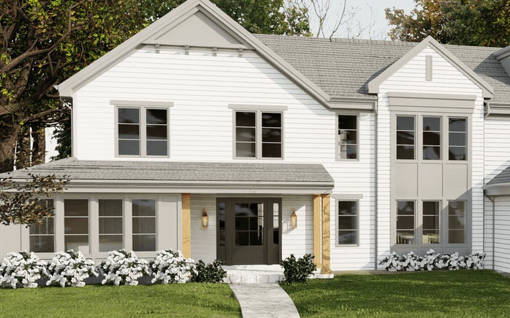 Architectural rendering of the front elevation of a Westfield, NJ home before construction, showing the gabled wings, the entry porch with cedar posts and the glazed stair volume
