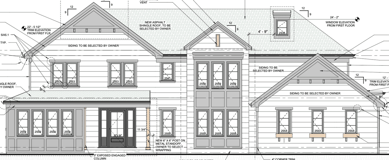 Annotated front elevation drawing of a New Jersey home for Michael Robert Construction, with roof pitches, window schedule numbers, trim sizes and notes on the siding and roof still to be selected