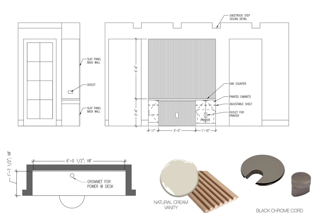 Ellie Mroz Design millwork elevations for a built-in desk in a New Jersey home, dimensioning a slat-panel wall, an oak counter and painted cabinets, with a fluted wood sample and black chrome hardware