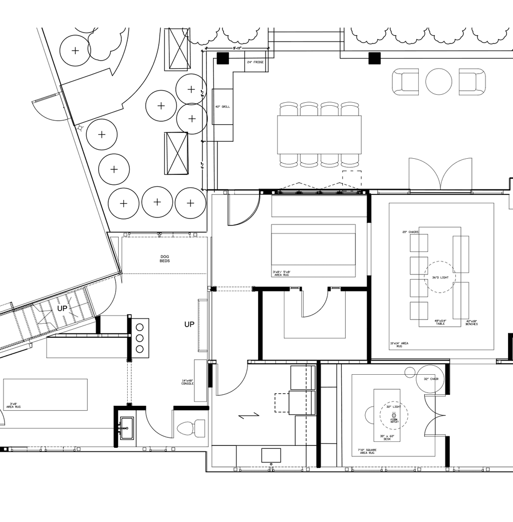 Scaled furniture plan for the main level of a New Jersey home by Ellie Mroz Design, placing kitchen island seating, the dining table, living room seating, a study and a covered terrace