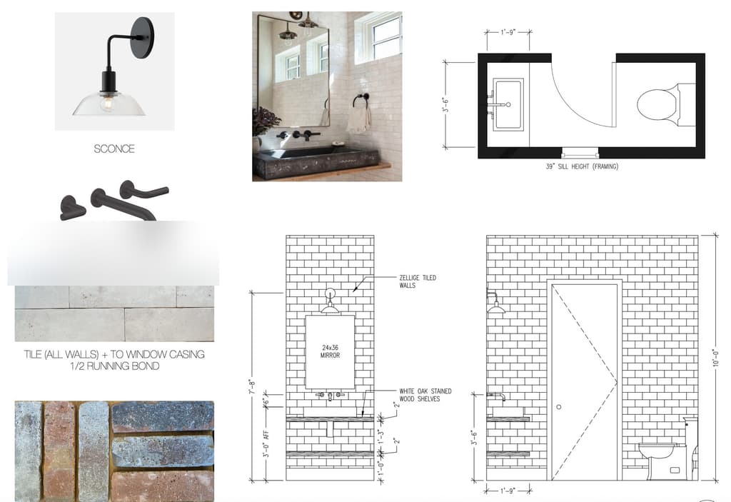 Ellie Mroz Design powder room package for a New Jersey renovation: a glass schoolhouse sconce, a carbon wall-mount faucet, limestone and brick samples, and elevations dimensioning the zellige walls