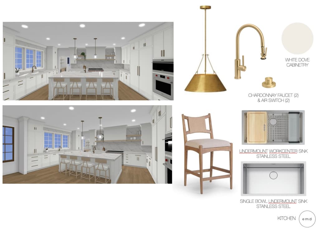 Ellie Mroz Design kitchen sheet for a Summit, NJ home: two renderings of a white kitchen with a marble island, beside the selections of a brass cone pendant, a faucet and White Dove cabinetry