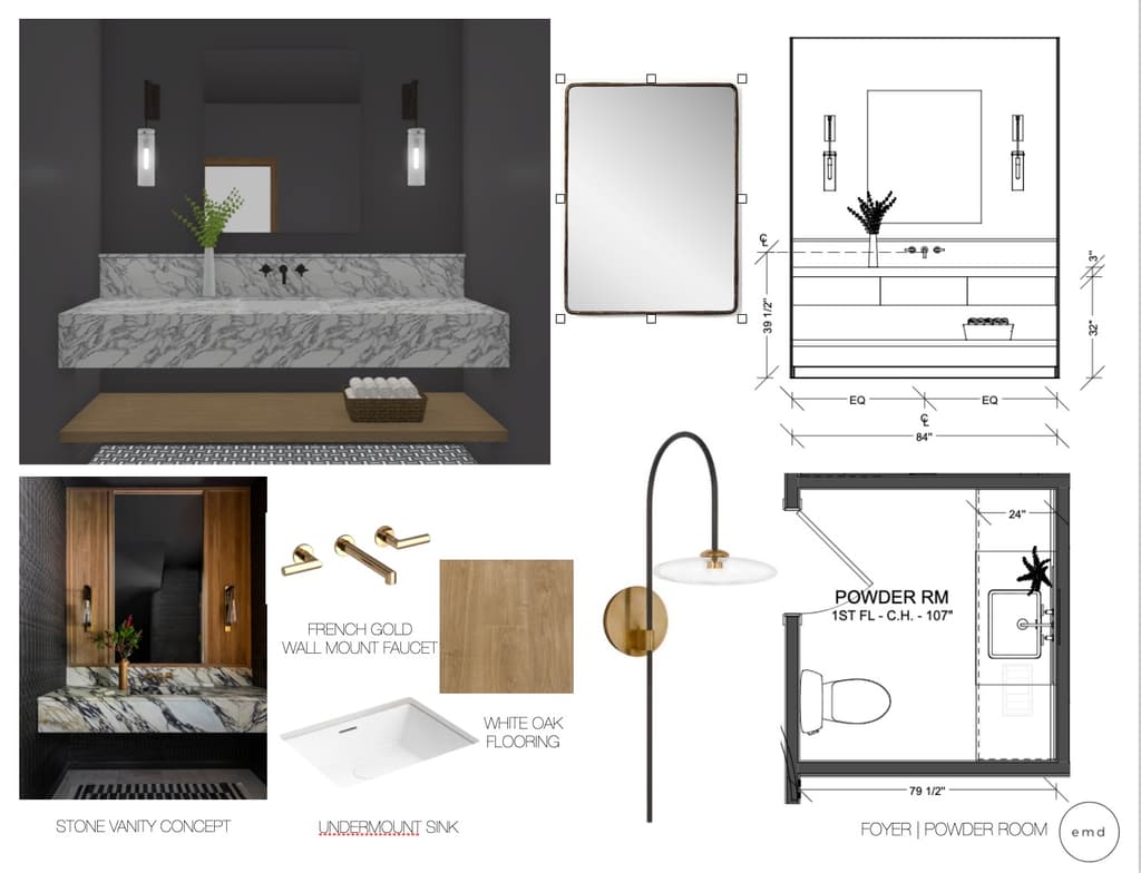 Ellie Mroz Design foyer and powder room sheet for a Summit, NJ home: a floating stone vanity under paired sconces, beside a dimensioned vanity elevation and a powder room floor plan