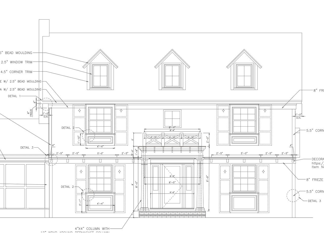 Front elevation drawing for a Summit, NJ exterior renovation, annotating 2.5-inch window trim, 4.5-inch corner trim, an 8-inch frieze and three new roof dormers