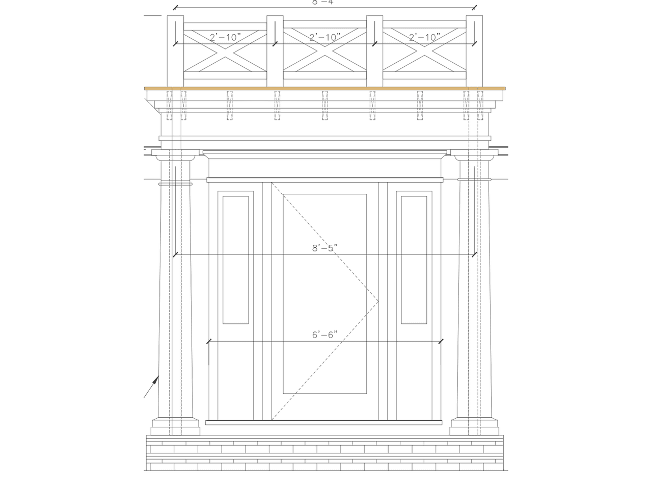 Entry elevation drawing for a Summit, NJ renovation, dimensioning the portico columns, the X-pattern balustrade above and the panelled door with sidelights