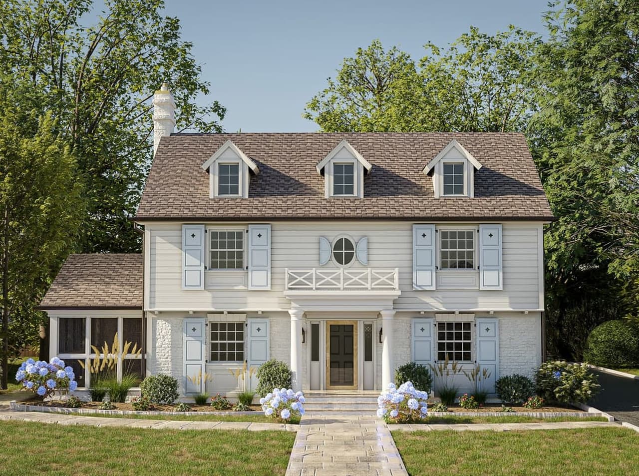 Architectural rendering of a classic Summit, NJ home from the front walk, with an oval window in the gable, a columned portico and shuttered windows