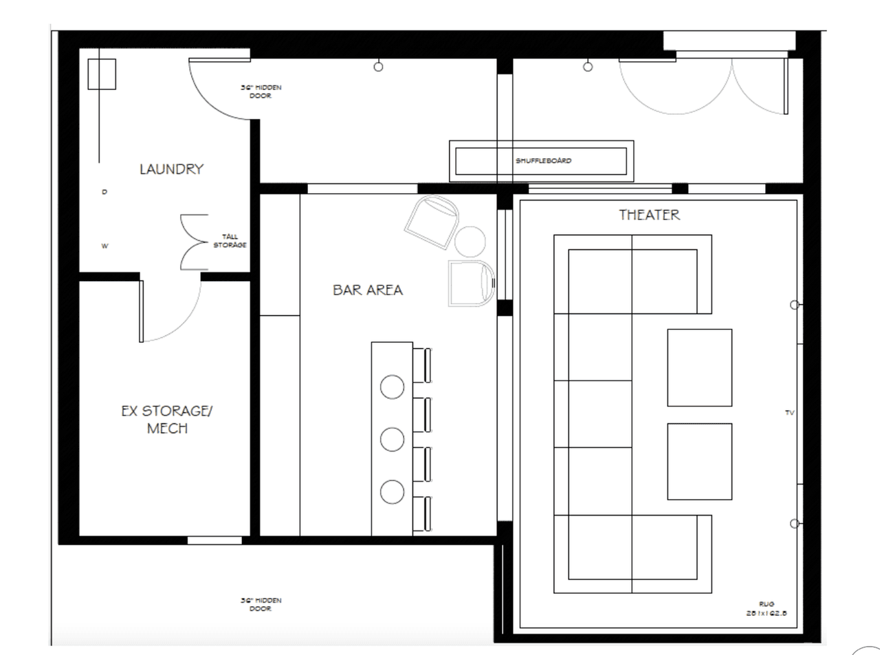 Architectural floor plan for the lower level of a luxury Summit, NJ renovation, setting the bar area against the theater with the laundry and mechanical storage beyond
