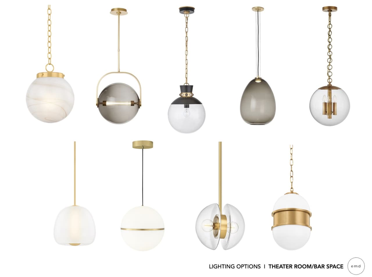 Pendant lighting options presented for a luxury Summit, NJ theater room and bar, ten globe and dome fixtures in brass, smoked glass and opal compared side by side