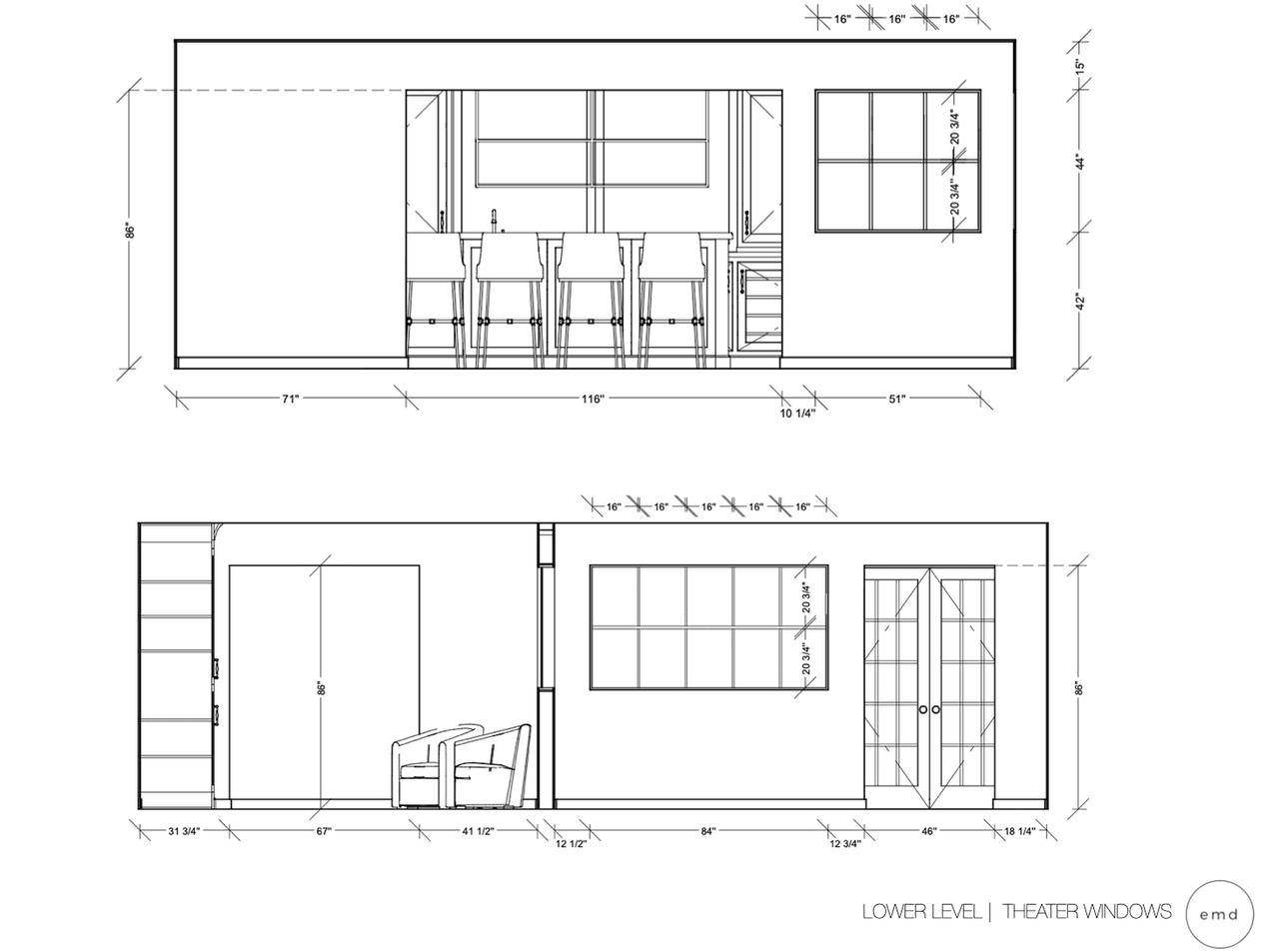 Elevation line drawings for the theater windows in a luxury Summit, NJ lower level, dimensioning the openings and their casing to the inch