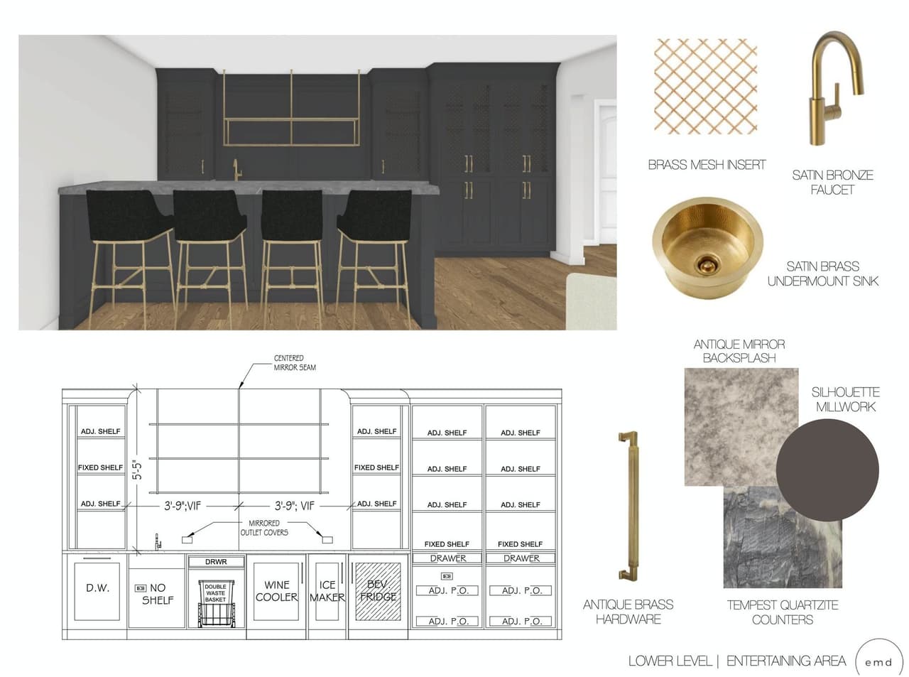Integrated bar concept for a luxury Summit, NJ lower level, with the room rendered above its millwork elevation beside the antique mirror, quartzite and brass chosen for it