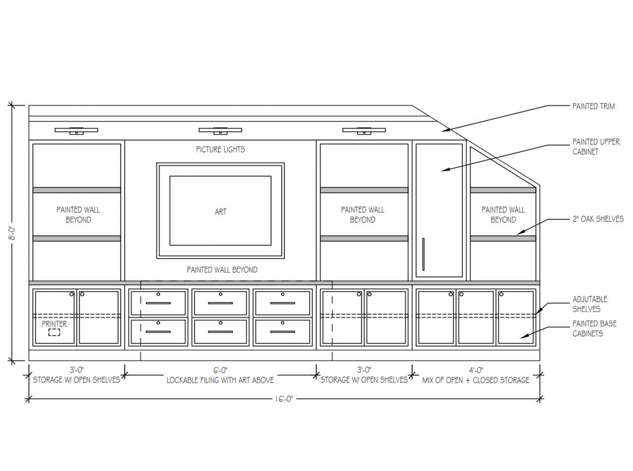 Elevation line drawing for home office built-ins in a luxury Summit, NJ renovation, dimensioning sixteen feet of cabinetry with lockable filing, a printer bay and picture lights over framed art