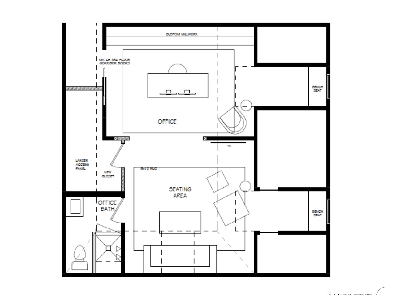 Architectural floor plan for a home office in a luxury Summit, NJ renovation, setting the desk against custom millwork with a seating area and an office bath beyond