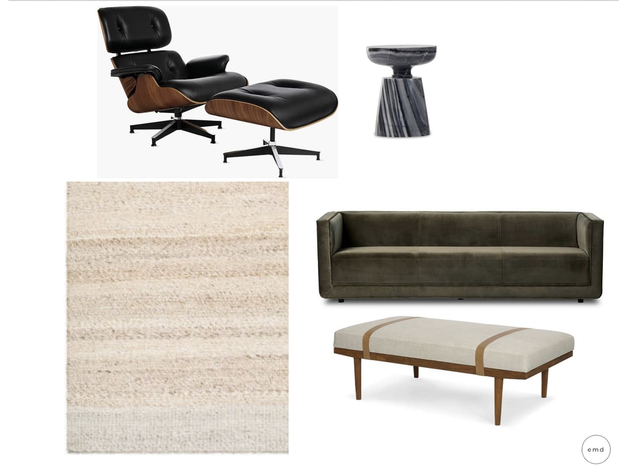 Furnishings options presented for a luxury Summit, NJ home office, with a leather lounge chair and ottoman, a velvet sofa, an upholstered bench, a side table and a wool rug