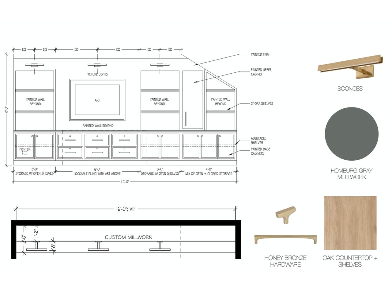 Integrated home office concept for a luxury Summit, NJ renovation, pairing the millwork elevation with the painted finish, oak counter, honey bronze hardware and sconces chosen for it