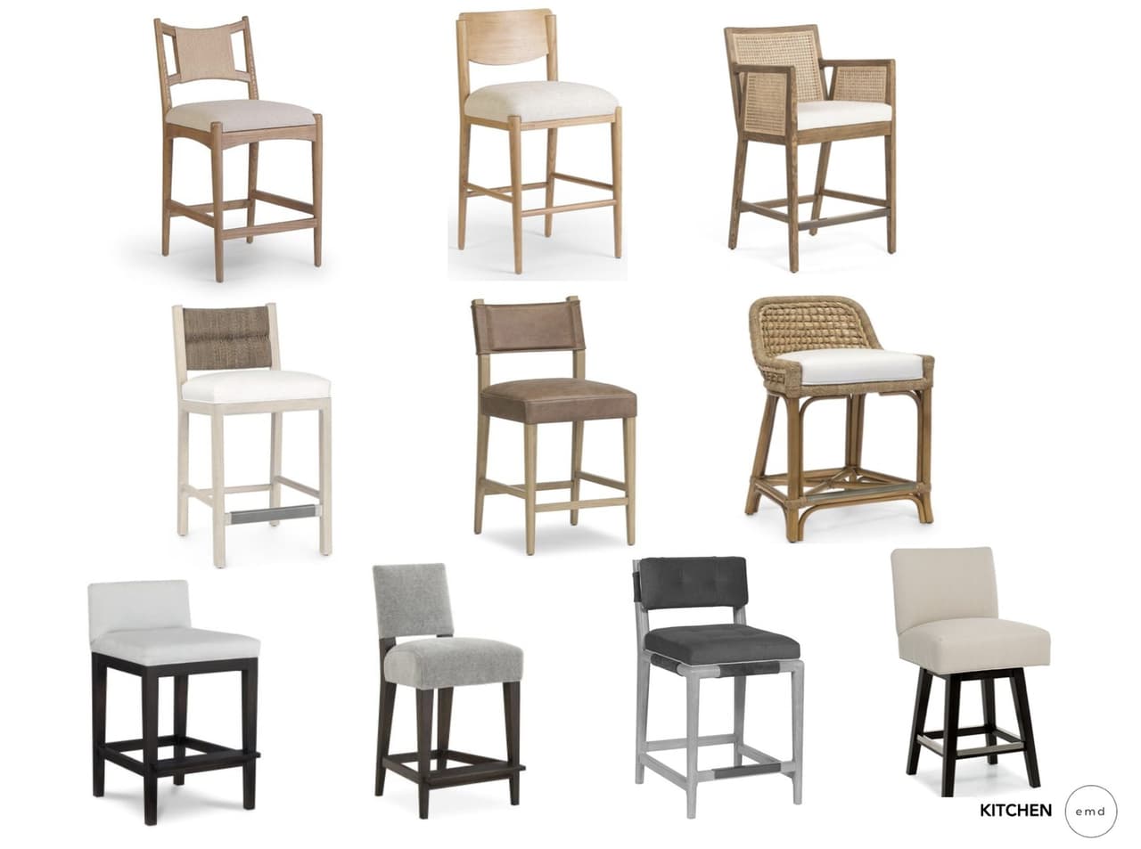 Counter stool options presented for a luxury Summit, NJ kitchen renovation, twelve upholstered, cane and wood stools compared side by side