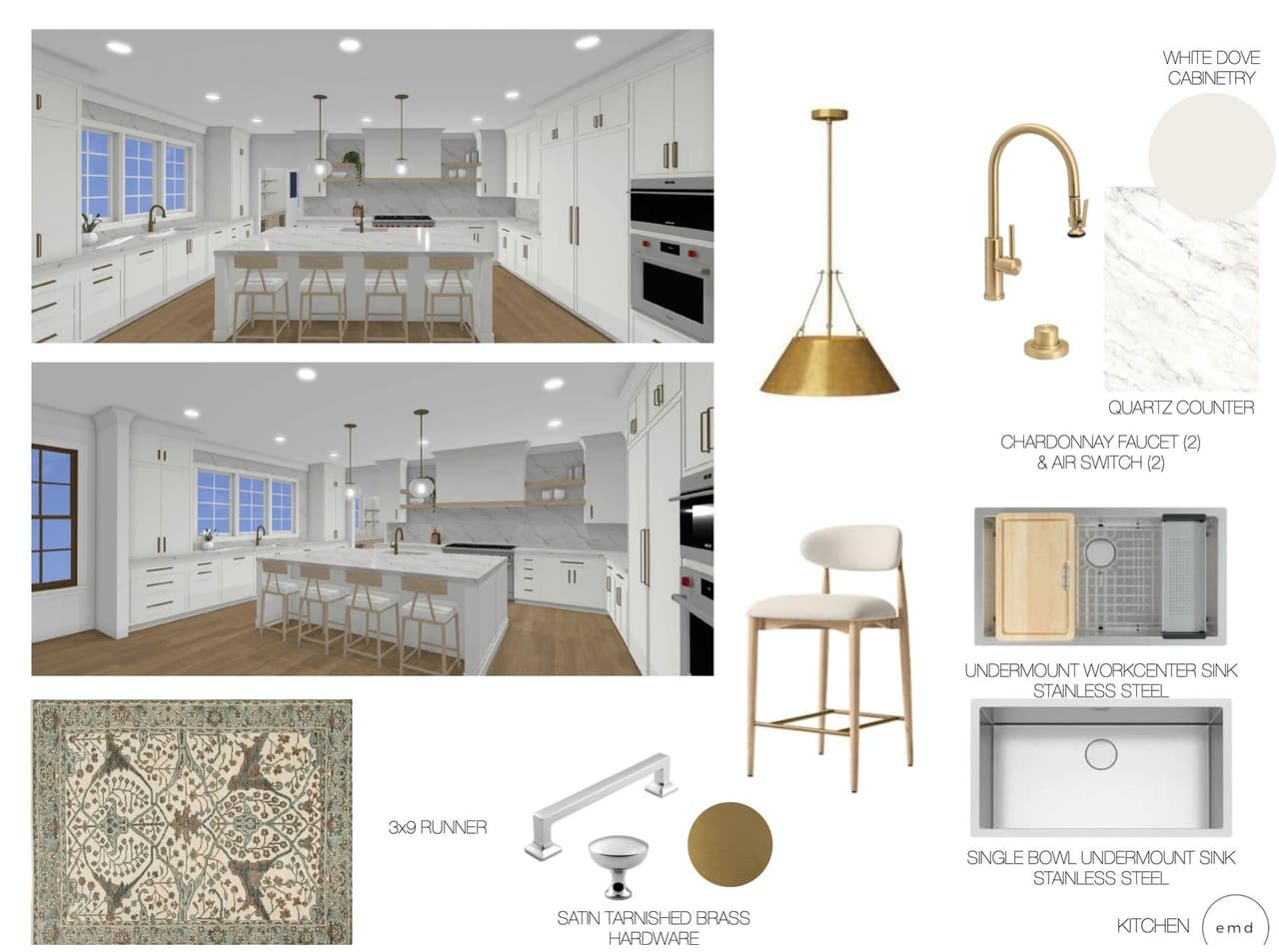 Integrated design concept for a luxury Summit, NJ kitchen, pairing two renderings of the room with the cabinetry color, counter, brass fittings and stool chosen for it