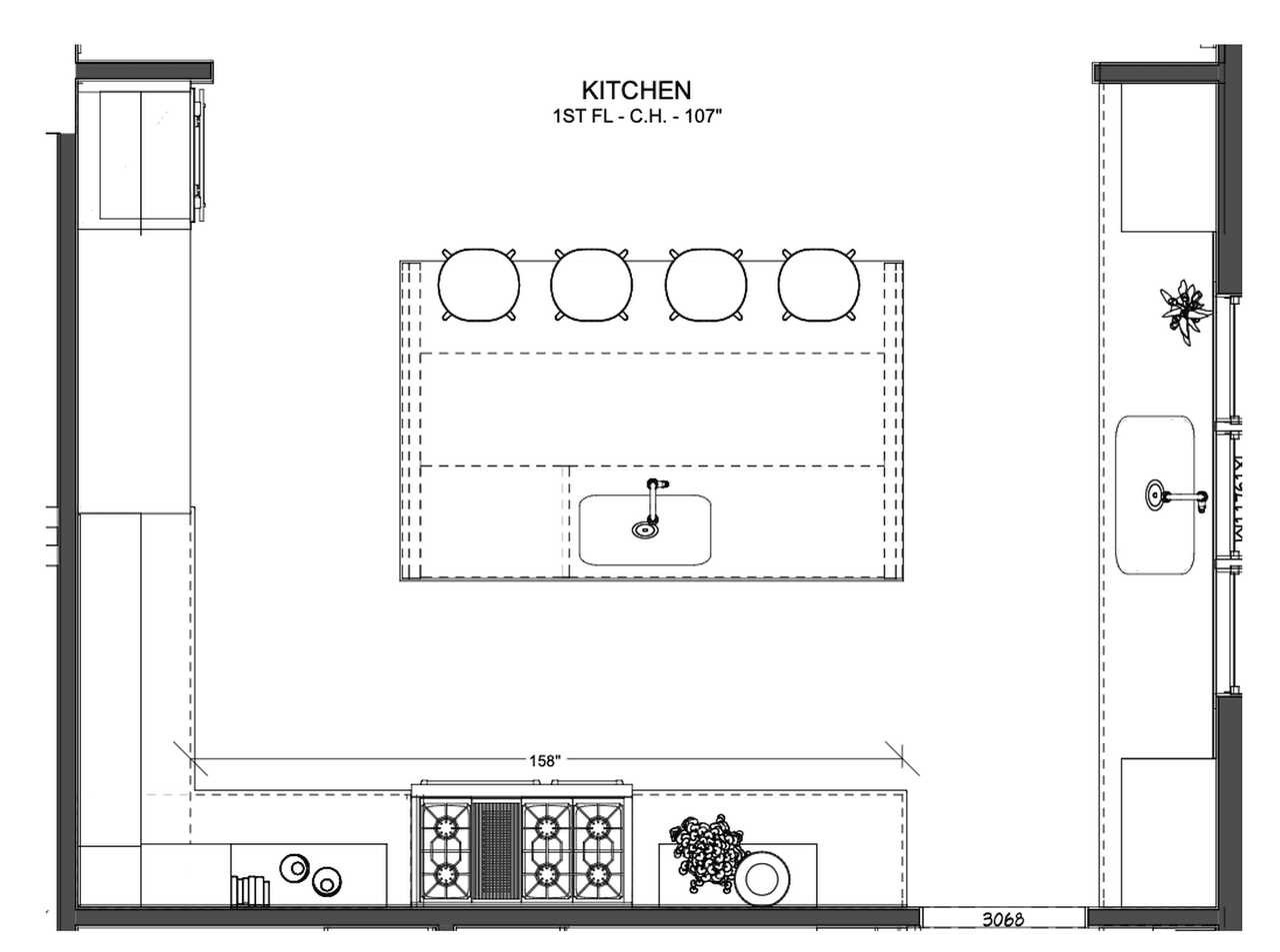 Architectural floor plan for a luxury Summit, NJ kitchen renovation, dimensioning the island, the range wall and the run of perimeter cabinetry at a 107-inch ceiling height