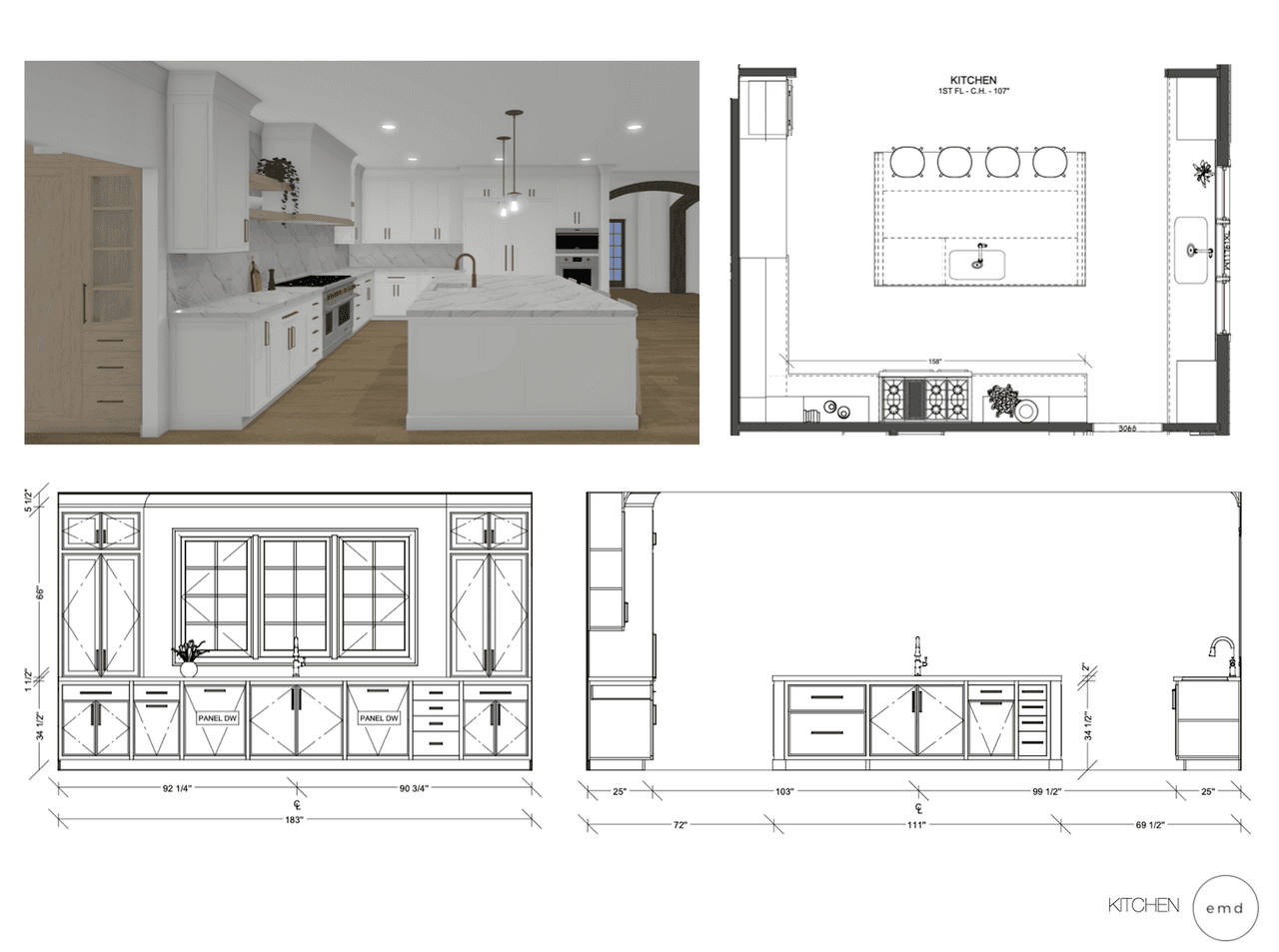 Millwork elevation line drawings for a luxury Summit, NJ kitchen, dimensioning the cabinetry runs, the hood surround and the window wall to the inch