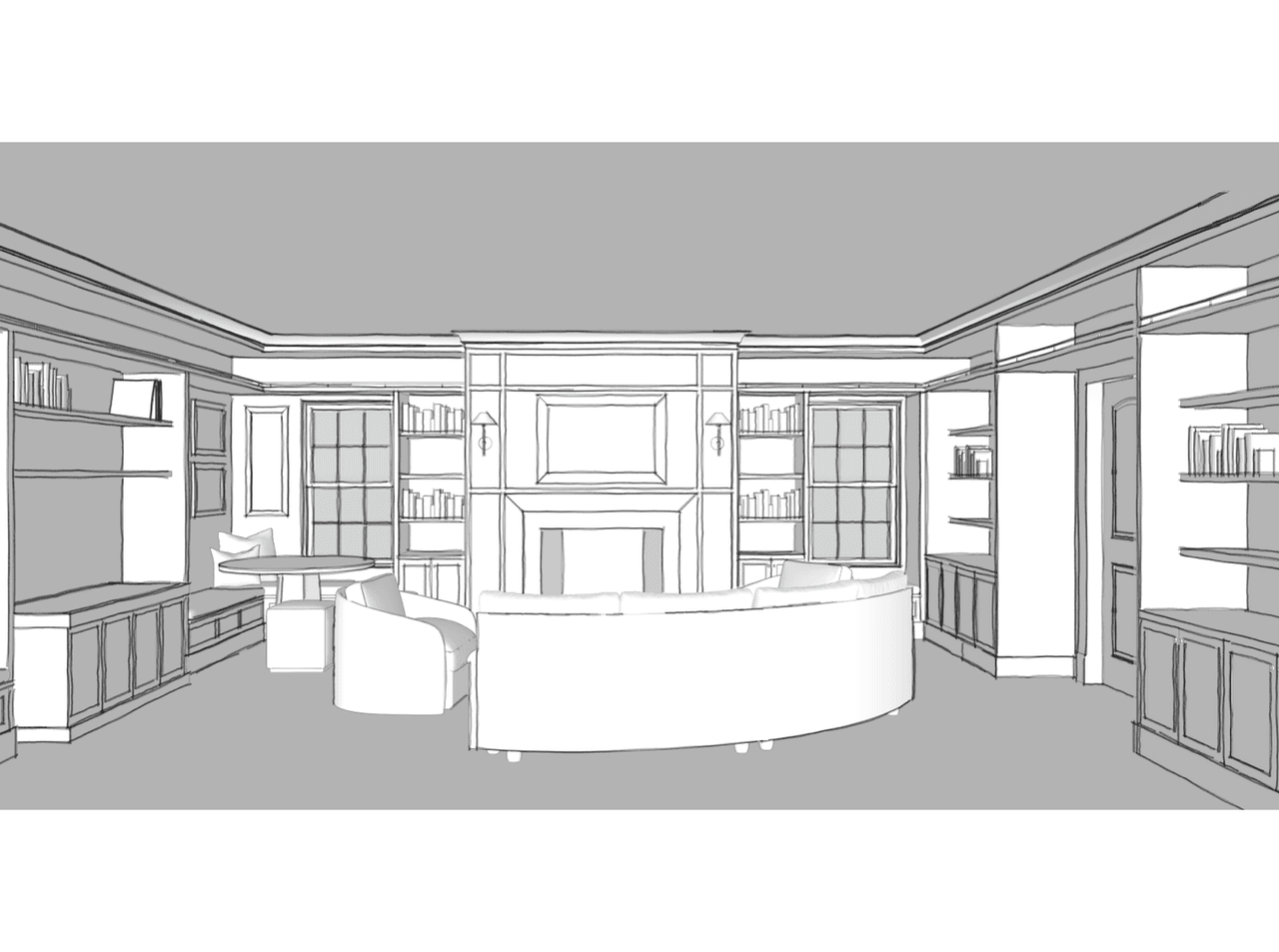 Three-dimensional model of a luxury Summit, NJ library, showing the fireplace wall between built-in bookcases, the window seats and the curved sofa