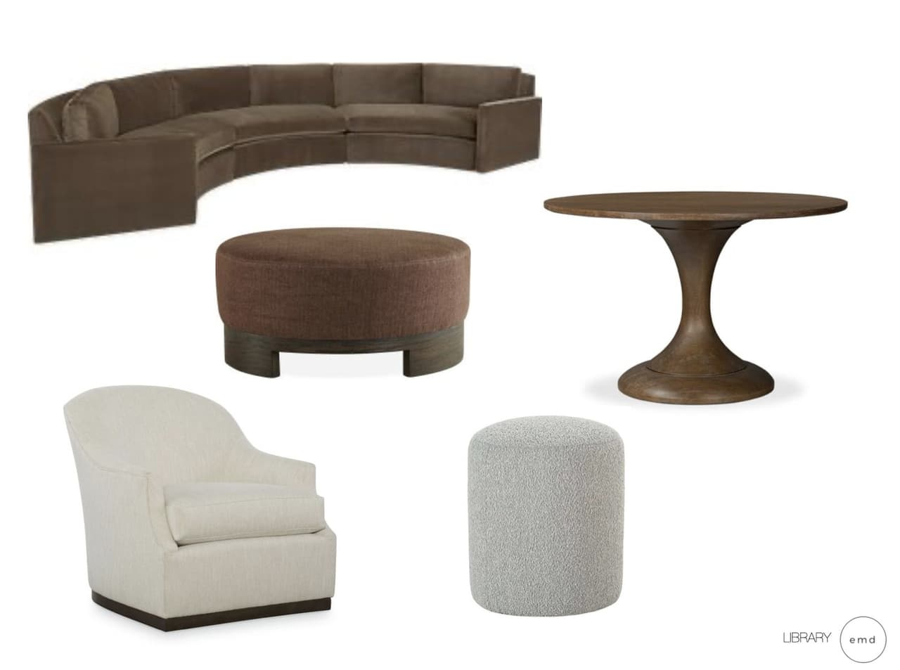 Furnishings options presented for a luxury Summit, NJ library, with a curved sectional, a round leather ottoman, a wood pedestal table, an armchair and an upholstered stool