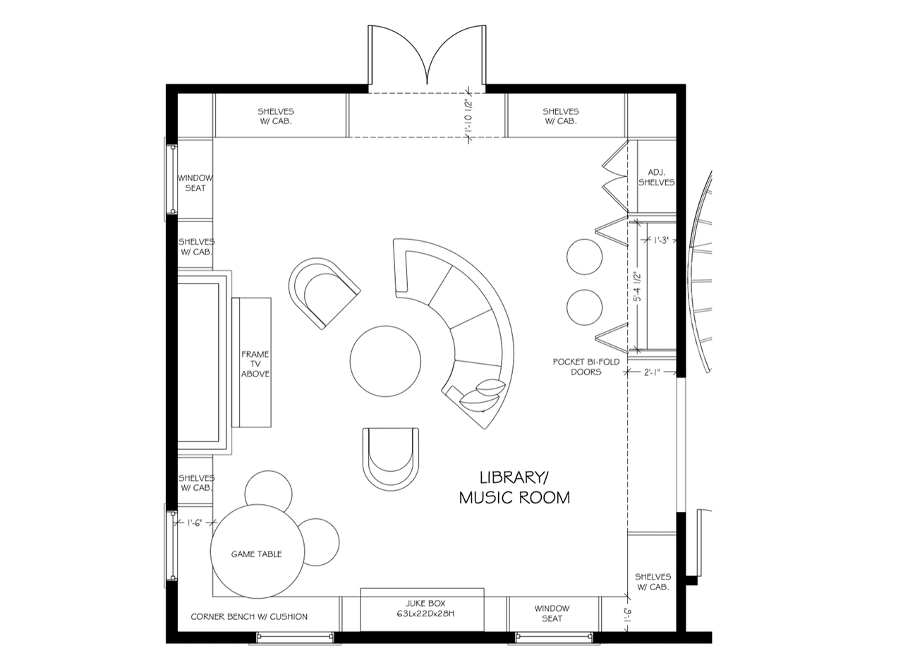 Architectural floor plan for a library and music room in a luxury Summit, NJ renovation, with a curved sofa, game table, window seats and shelving with cabinets on three walls