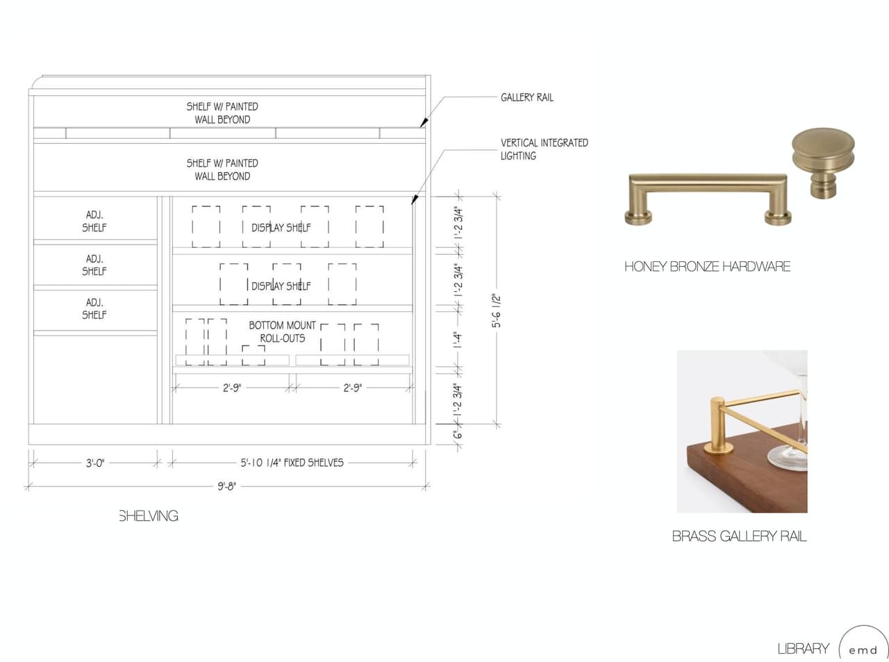 Shelving elevation for a luxury Summit, NJ library, dimensioning display shelves, roll-outs and integrated lighting beside the bronze hardware and brass gallery rail chosen for it