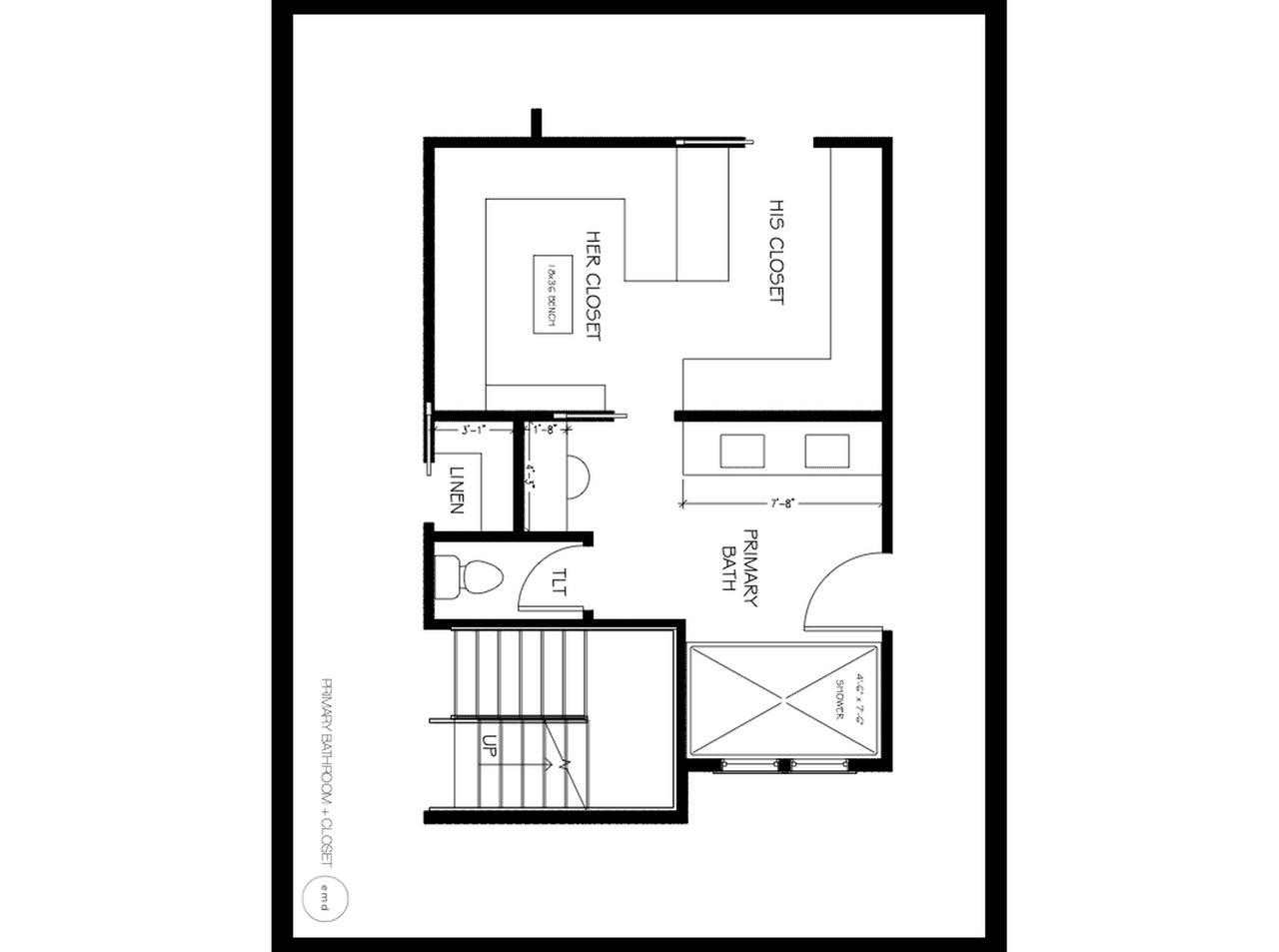 Architectural floor plan for a luxury Summit, NJ primary bathroom, setting his and hers closets, the linen store and the water closet around the bathing suite
