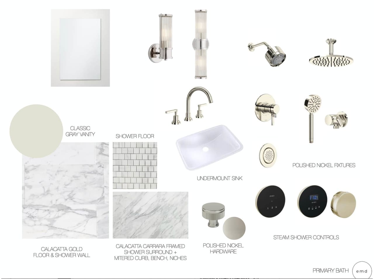 Selections sheet for a luxury Summit, NJ primary bathroom, with a gray vanity, polished nickel fittings, Calacatta Gold floor and shower wall, framed Carrara surround and steam shower controls