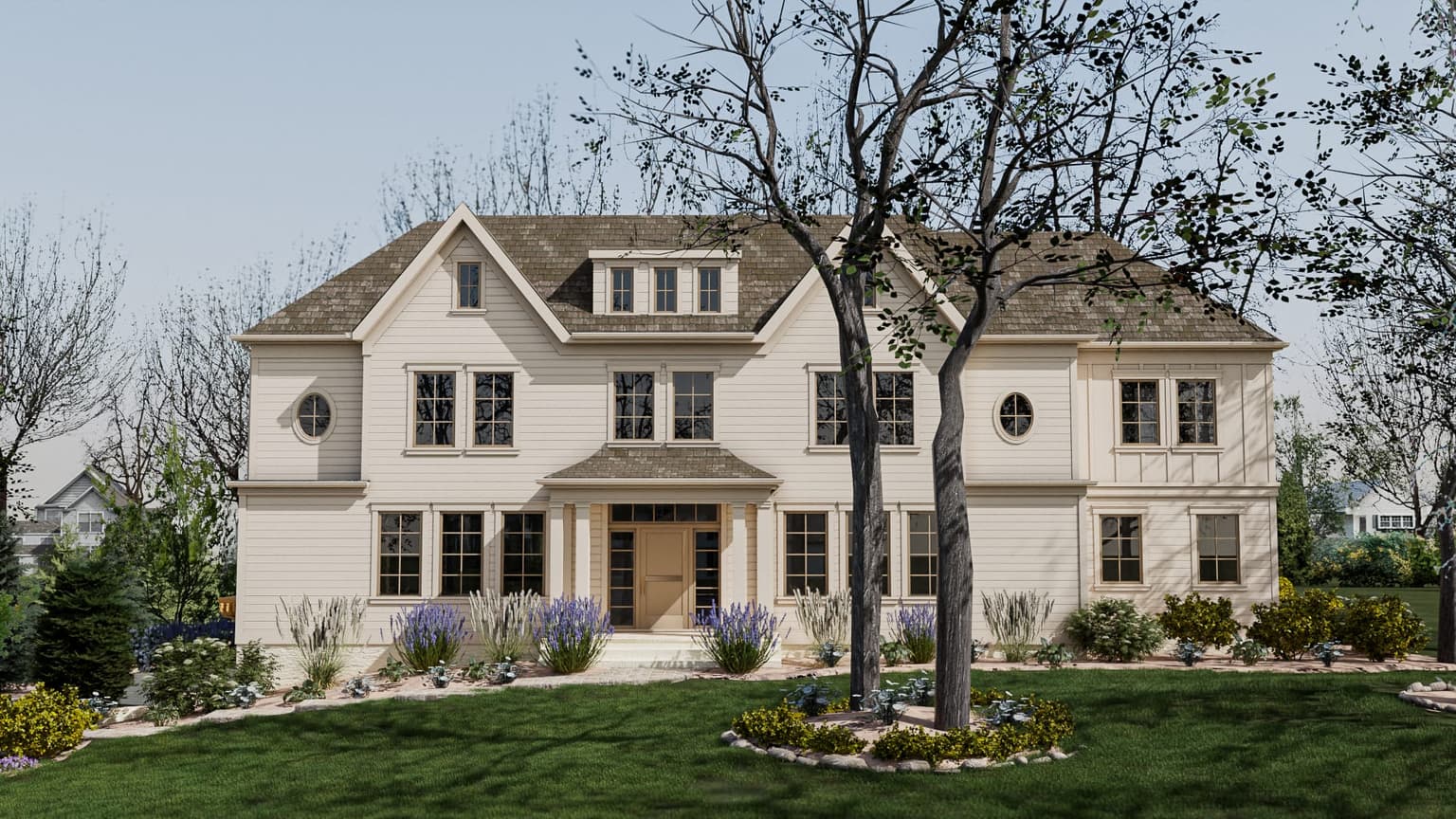 Front of a cream-painted Westfield, NJ home renovation seen through bare trees, with gabled wings, a columned entry and lavender along the beds