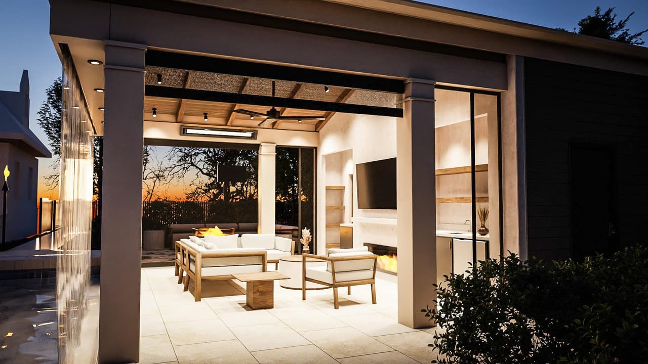 Covered outdoor room at dusk with a planked ceiling, a wall-mounted television and deep seating