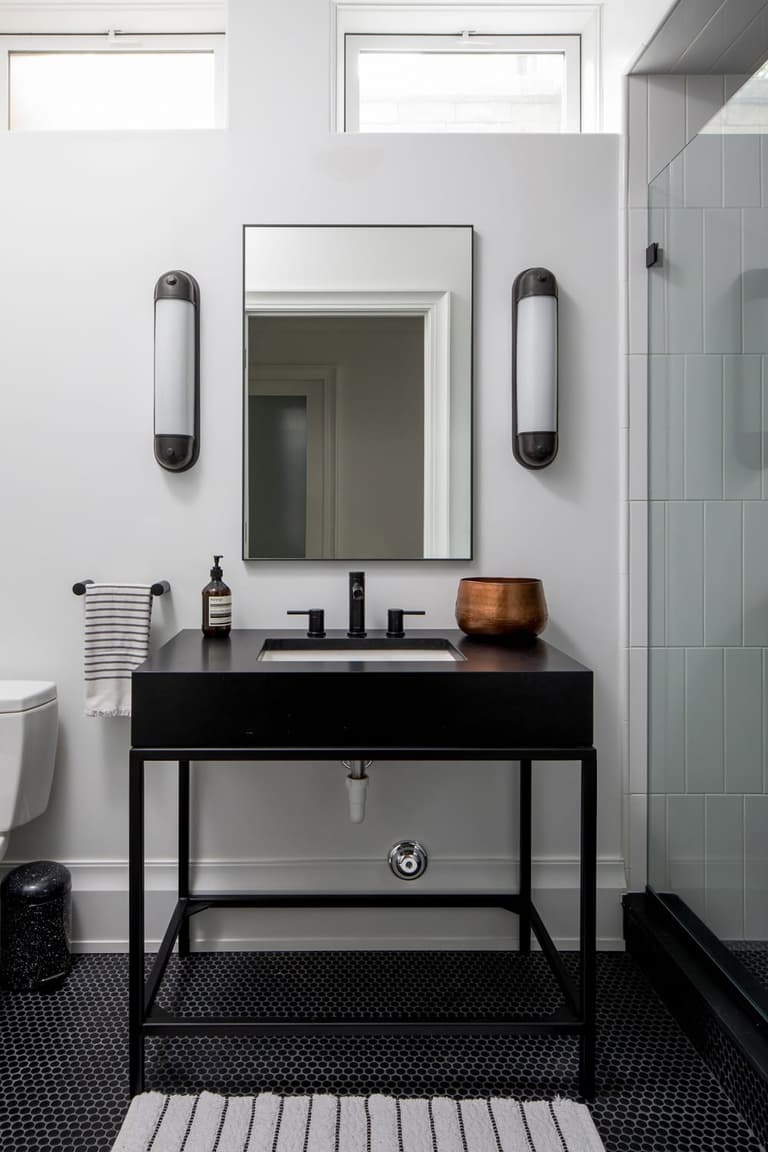 Lower-level bathroom in the Mroz family home in Westfield, NJ, with a black console basin, sconces either side of the mirror and a penny tile floor