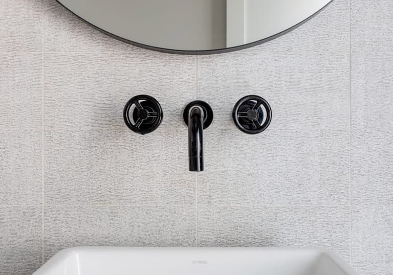 Black wall-mounted tap and cross handles above a tub against large-format tile in a Westfield, NJ bathroom