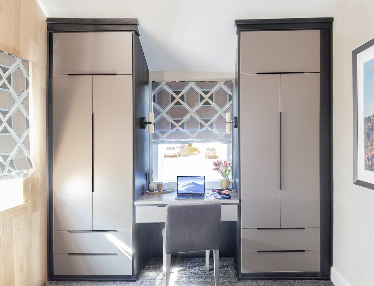 Architectural rendering of a built-in desk between full-height wardrobes in a Westfield, NJ bedroom remodel