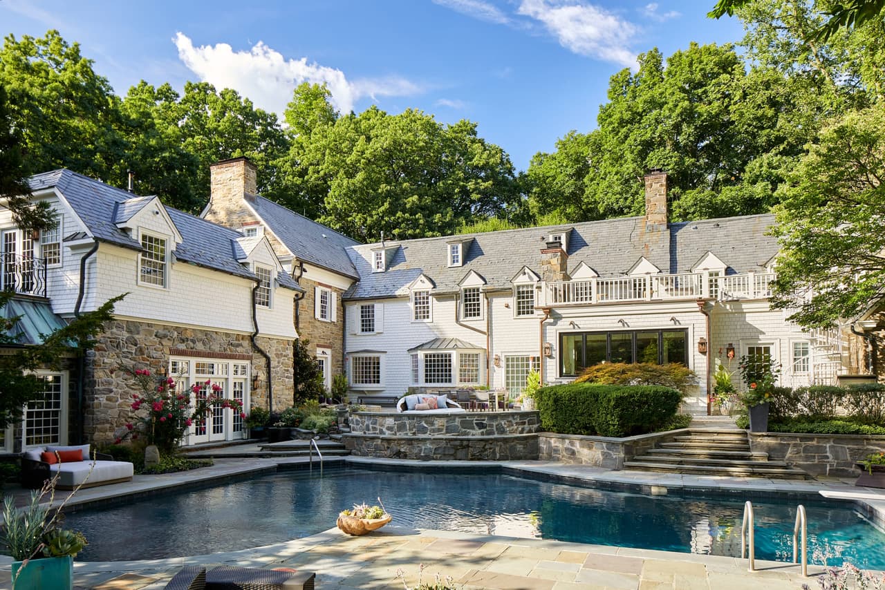 Exterior Stone and Shingle Home with Pool in Westfield NJ Renovation