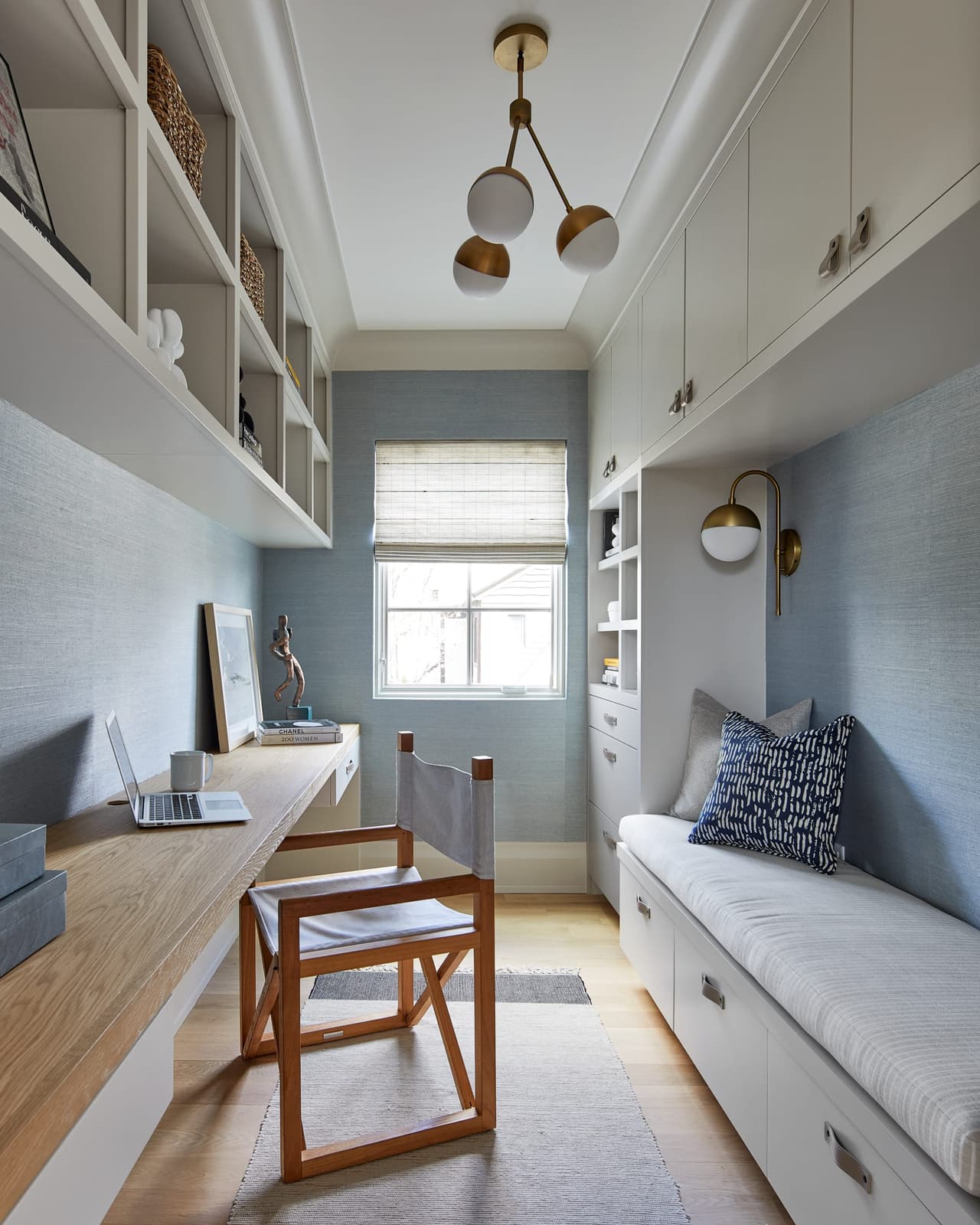 Home office in a Westfield, NJ addition and renovation, with custom built-ins down both walls, a window seat and a desk under the window