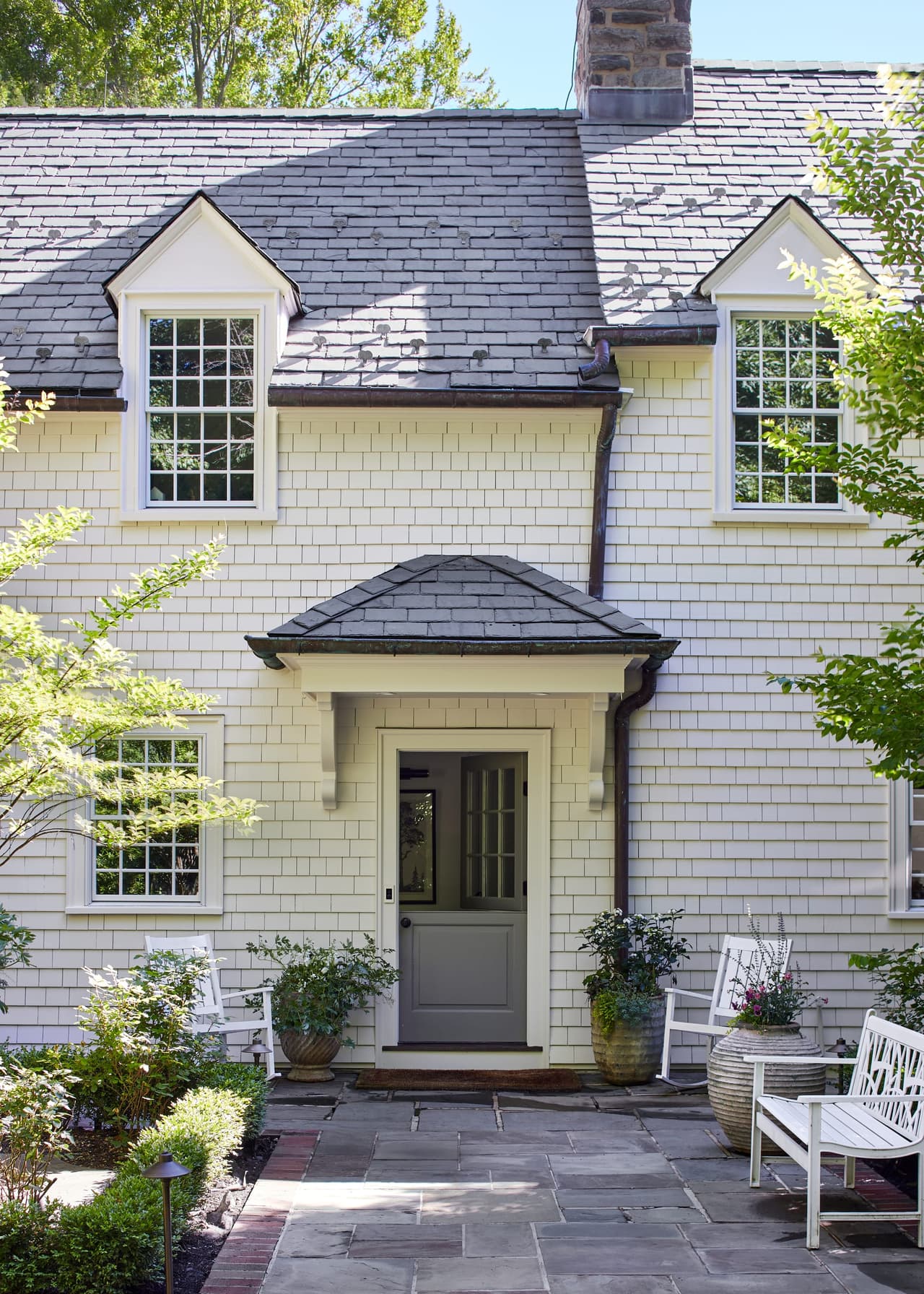 Shingle exterior entry of Westfield home renovation