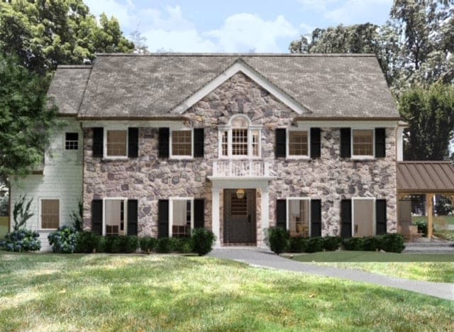 Architectural rendering of the front of a classic modern home in Westfield, NJ, in stone and clapboard with black-framed windows and a columned entry
