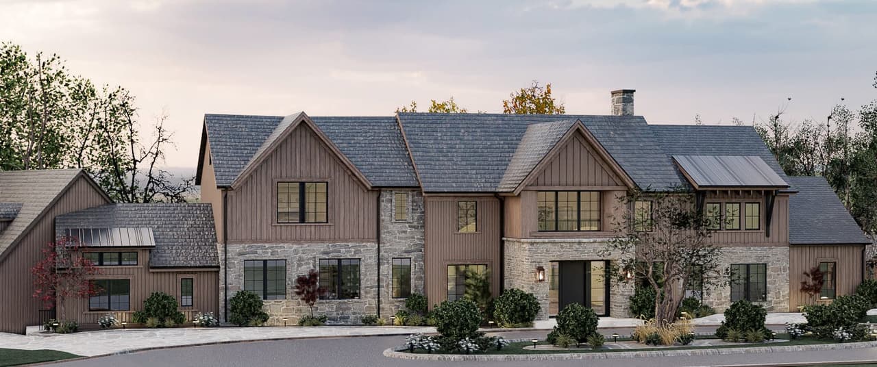 Architectural rendering of the front of a Mendham, NJ home, with a stone and cedar front, multiple gables and a stone wall along the drive