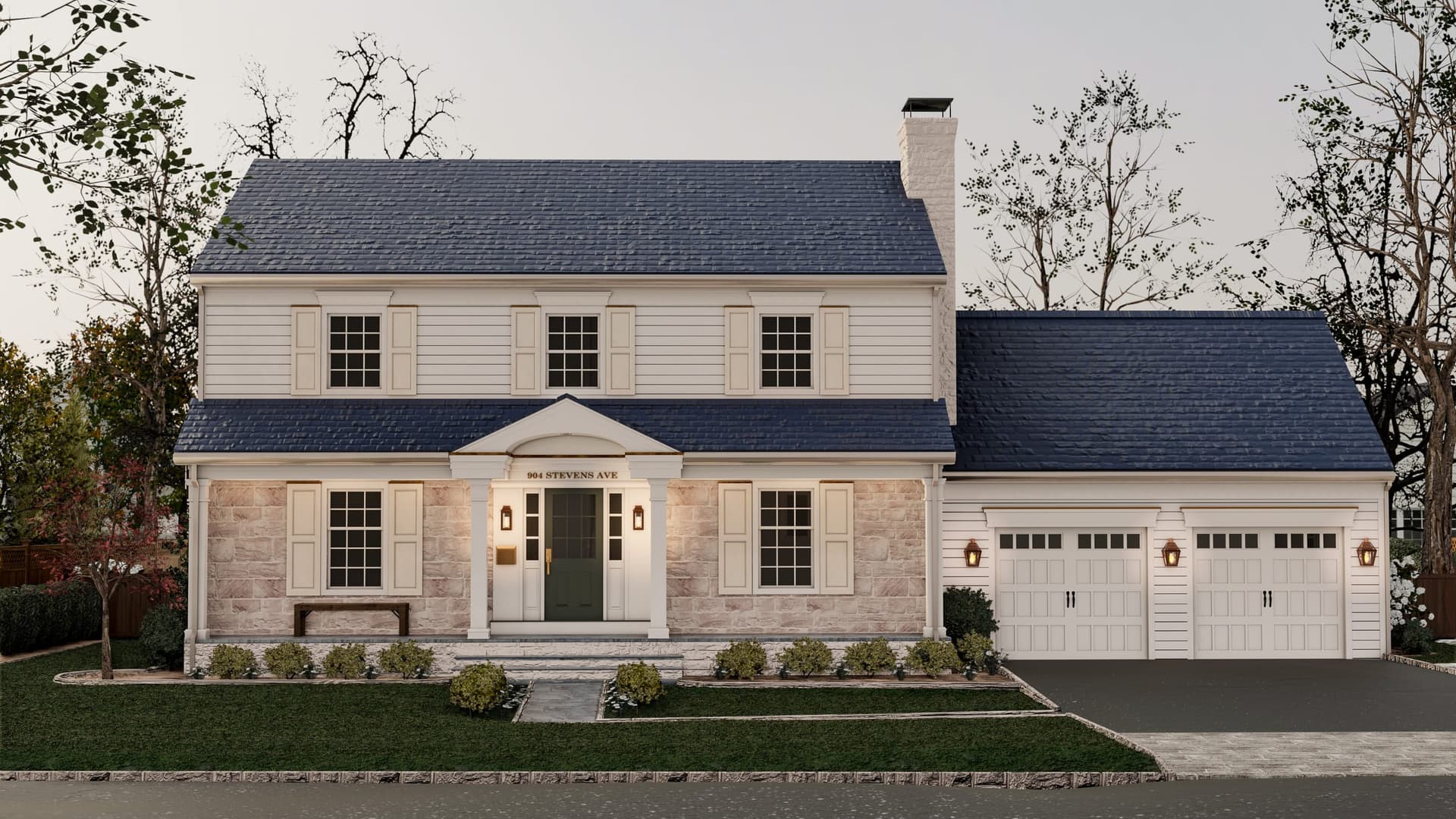 Architectural rendering of a Westfield, NJ exterior renovation, with a stone first storey, a columned portico and a two-bay garage wing