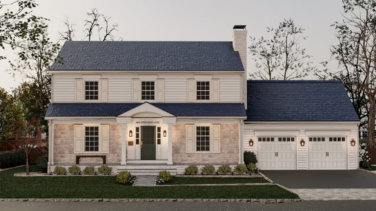 Architectural rendering of a Westfield, NJ exterior renovation, with a stone first storey, a columned portico and a two-bay garage wing