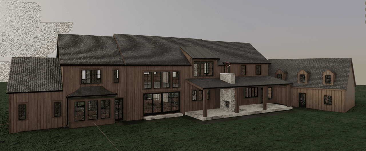 Architectural rendering of a rear elevation with a gabled roofline, dormers and a covered porch