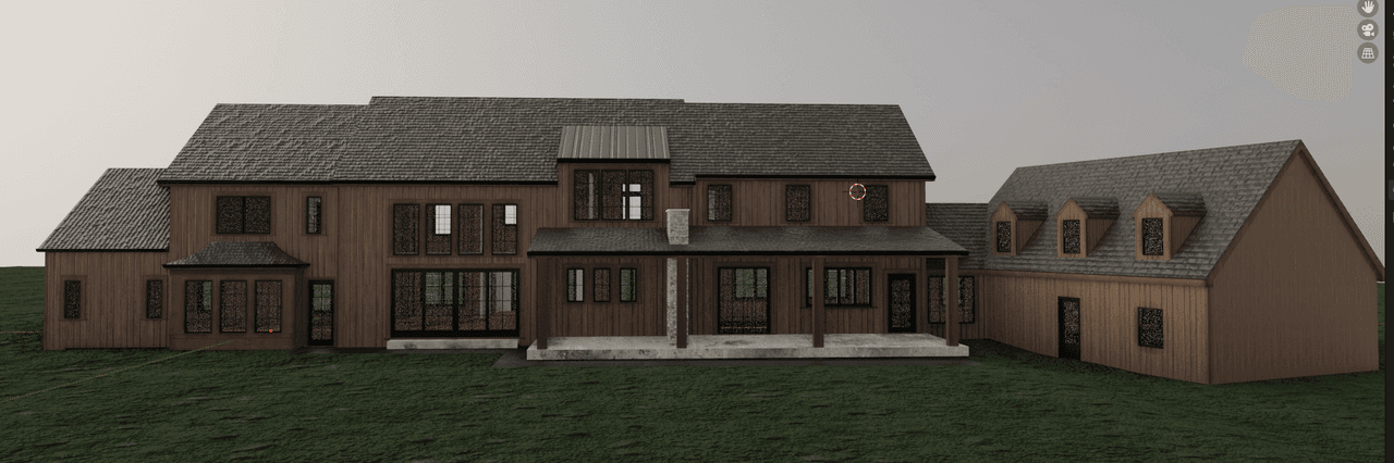 Architectural rendering of the back of a Mendham, NJ home across the lawn, shown as an untextured massing study of its gables and wings