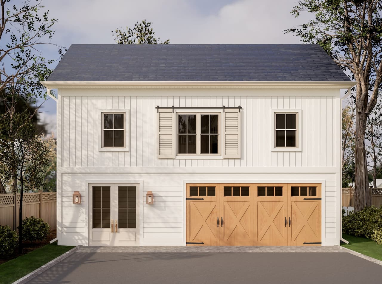 Architectural rendering of a modern farmhouse barn renovation in Westfield, NJ, with board-and-batten siding and a natural wood carriage door