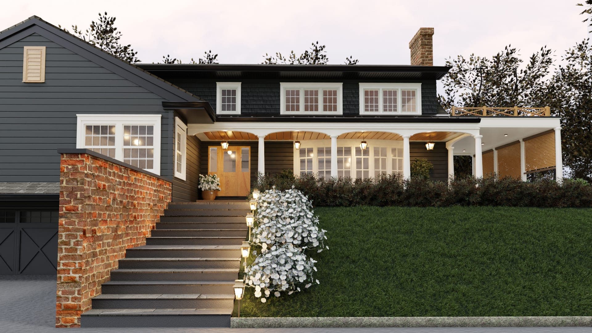 Architectural rendering of a black cedar Westfield, NJ home from the lawn, with a wraparound porch, a brick stair and a dormered upper storey