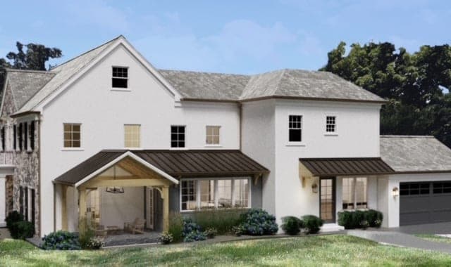 Architectural rendering of the side of a classic modern home renovation in Westfield, NJ, with a gabled entry porch, white siding and an attached garage