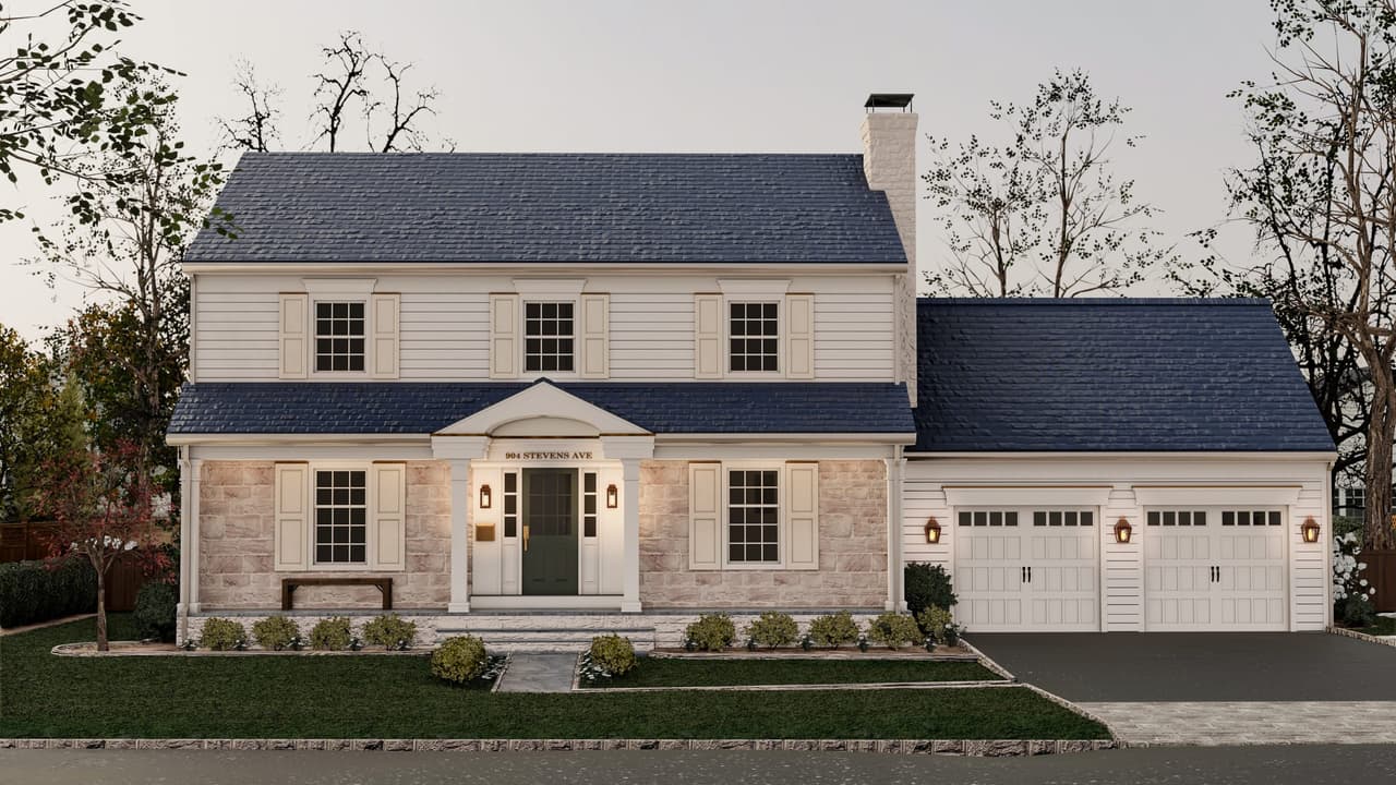 Architectural rendering of a classic white and stone front elevation in Westfield, NJ, with a pedimented entry, a stone base course and a two-bay garage wing