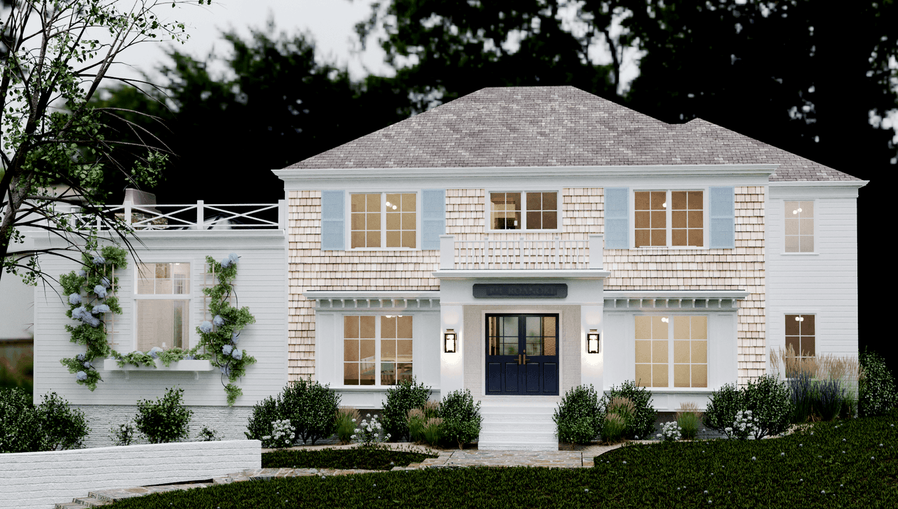 Architectural rendering of a coastal modern front elevation in Westfield, NJ, with pale blue shutters, a hipped roof and a navy door under a dentil cornice