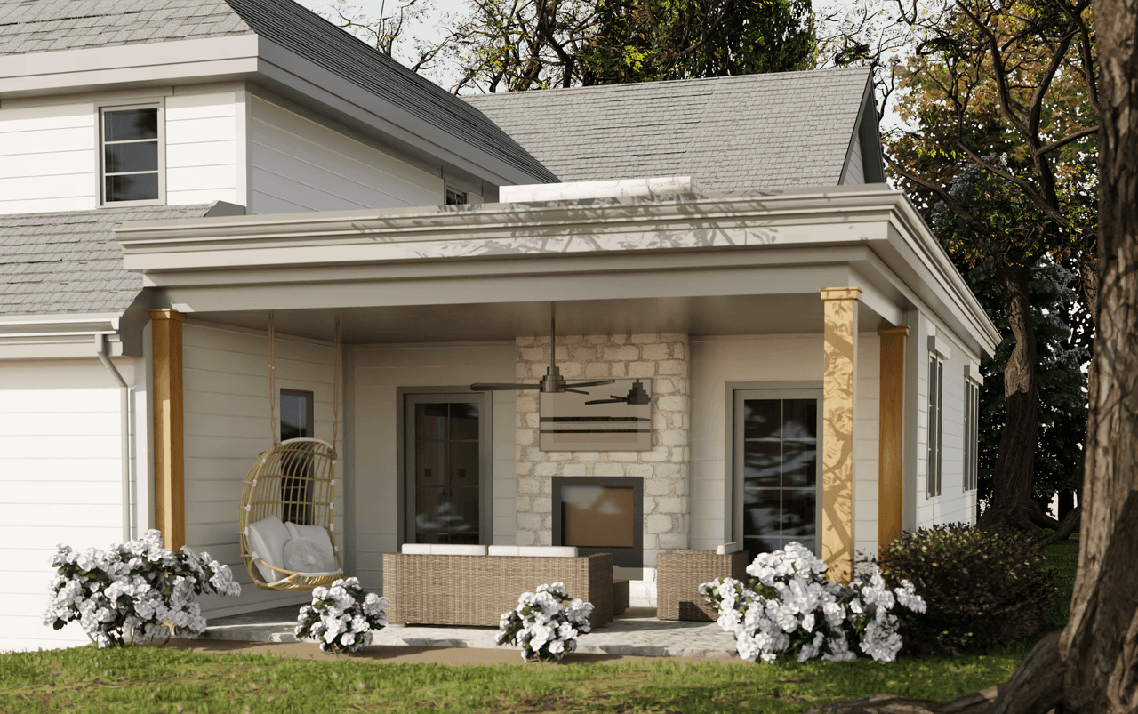 Architectural rendering of a modern farmhouse backyard in Westfield, NJ, with a covered pergola off the rear elevation