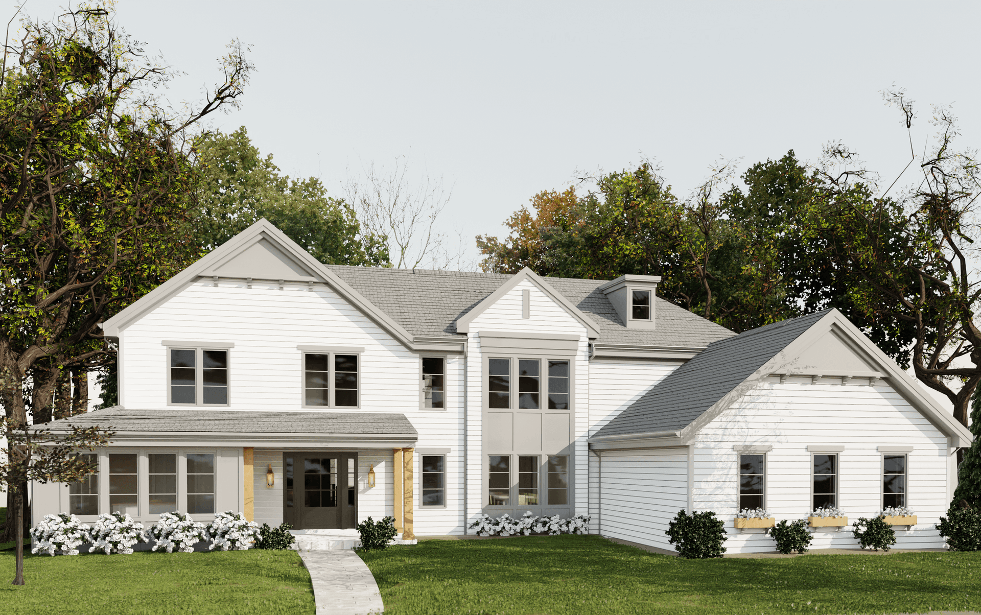 Architectural rendering of the front exterior of a modern farmhouse design-build project in Westfield, NJ, by Michael Robert Construction