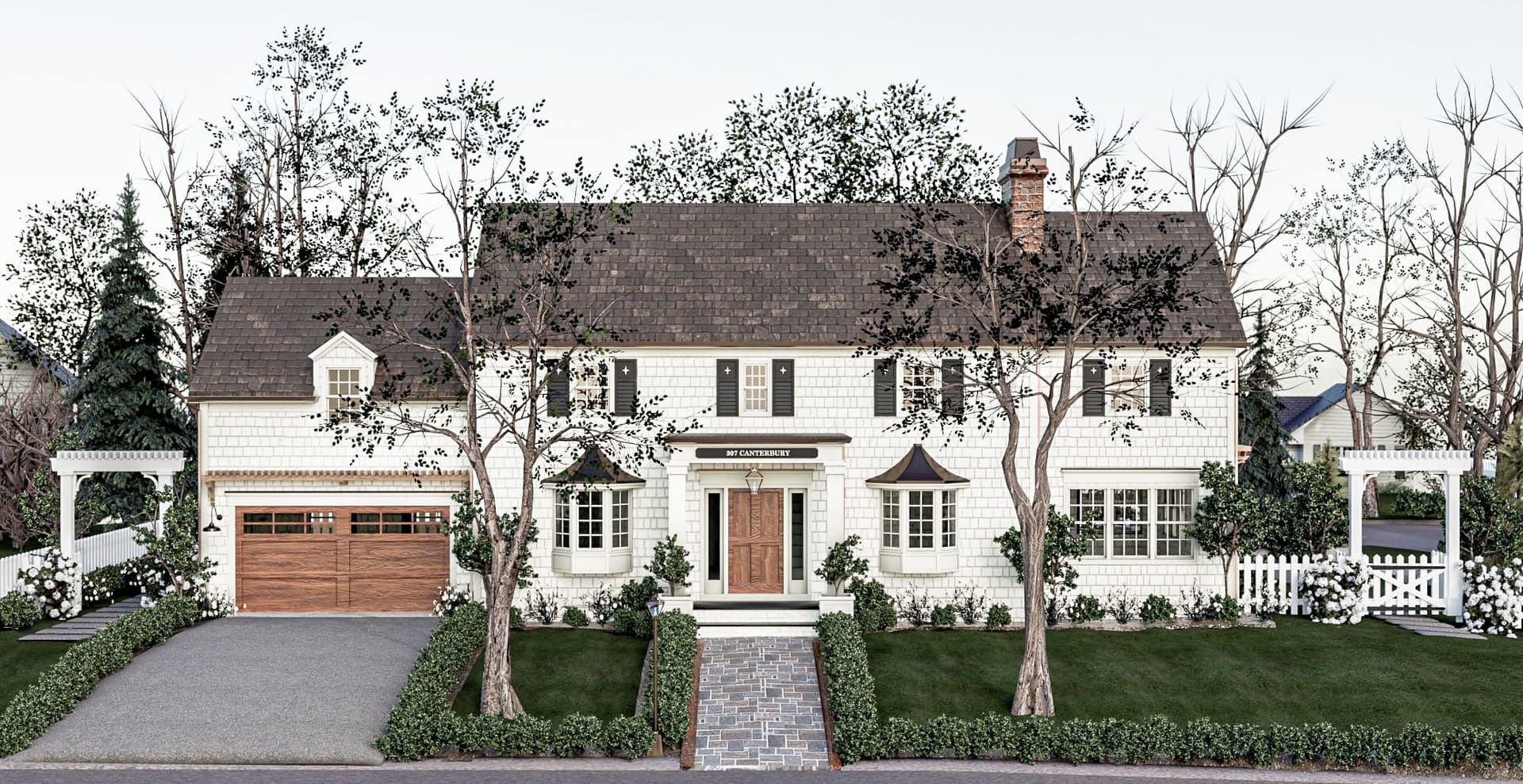 Architectural rendering of the front of a classic home renovation in Westfield, NJ, with a wood garage door, a columned entry, dormers and trellised side wings